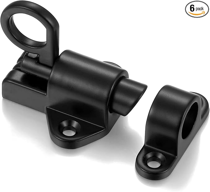6 Packs Self-Closing Latches，Black Spring Door Lock，Resilient Bolt Latch Aluminum Alloy Safety Automatic Spring Barrel Slide Door Lock with Screws,Used for Gate,Window and Cabinet etc