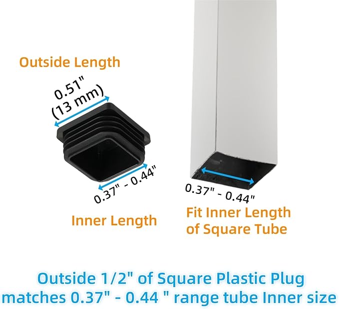 Furnigear Plastic Plugs Tubing End Cap Chair End Caps Outside Bottom Tubing Caps Square Furniture Sliders Glides Black (40, Fit 0.35-0.44" Square Tube Inner Size)
