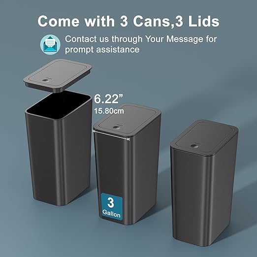 N. NETDOT 3 Pack Small Trash Can with lid, 3 Gallon Bathroom Trash Can,Garbage Can Slim Trash Bin Waste Basket for Bathroom,Kitchen,Bedroom,Living Room,Office,Laundry - Black