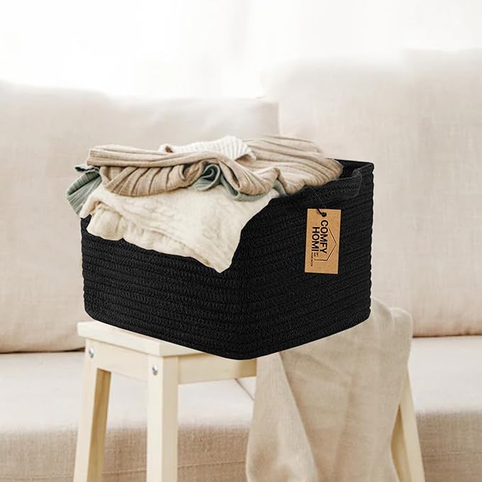 COMFY-HOMI 3PACK Cotton Rope Woven Basket With Handles for Shelves, Toy, Book, Cloth Storage Basket for Organizing|13.5" x 11" x 9.5" Decorative Nursery Cube Bin for Living Room（all Black）