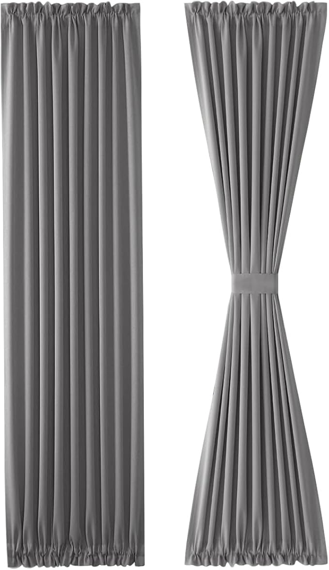 DWCN French Door Curtains – Rod Pocket Thermal Blackout Curtain for Doors with Glass Window, Kitchen and Patio Doors for Privacy, 25 X 72 Inches Long, 1 Curtain Panel with Tieback, Grey