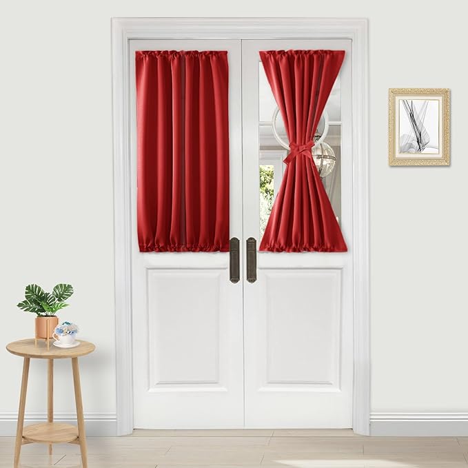 DWCN French Door Curtains – Rod Pocket Thermal Blackout Curtain for Doors with Glass Window, Christmas, Kitchen and Patio Doors for Privacy, 25 X 40 Inches Long, 1 Curtain Panel with Tieback, Red