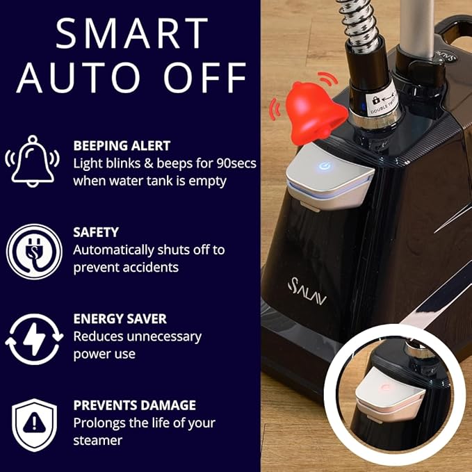 SALAV® Heavy Duty Smart Auto Shut-off Commercial Full-Size Garment Steamer, Beeping Alert when Water Runs out, Foot Pedal Control, XL 3L (101.5 oz) Tank, 1800 watts, 90+min of Continuous Steam, Navy