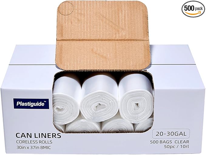 20-30 Gallon Trash Can Liners, 500 Count High Density Garbage Bags, 30'' x 37'', Clear, for Outdoor, Bathroom, Office, Recycling, Janitoria, Commercial and Industrial Use