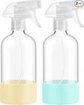 Glass Spray Bottles with Silicone Sleeve Protection, 16 oz 2 Pack, Reusable Spray Bottles with Adjustable Nozzle for Hair, Cleaning Solutions, Plants, Pale Yellow&Mint Green
