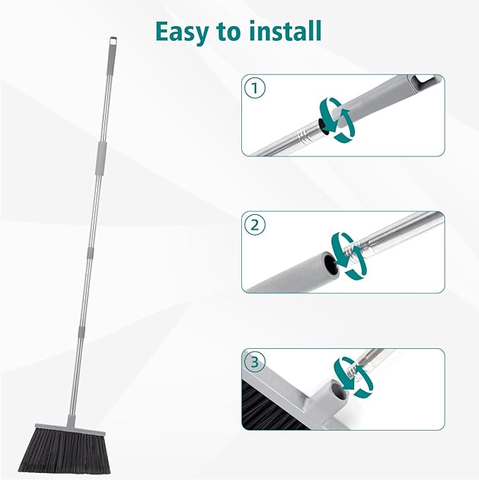 PBHEPJ Broom, Outdoor Broom for Floor Cleaning, 58" Long Stainless Steel Handle, Hard Bristle Angle Broom for Sweeping Indoor, Commercial, Industrial, Garage, Kitchen
