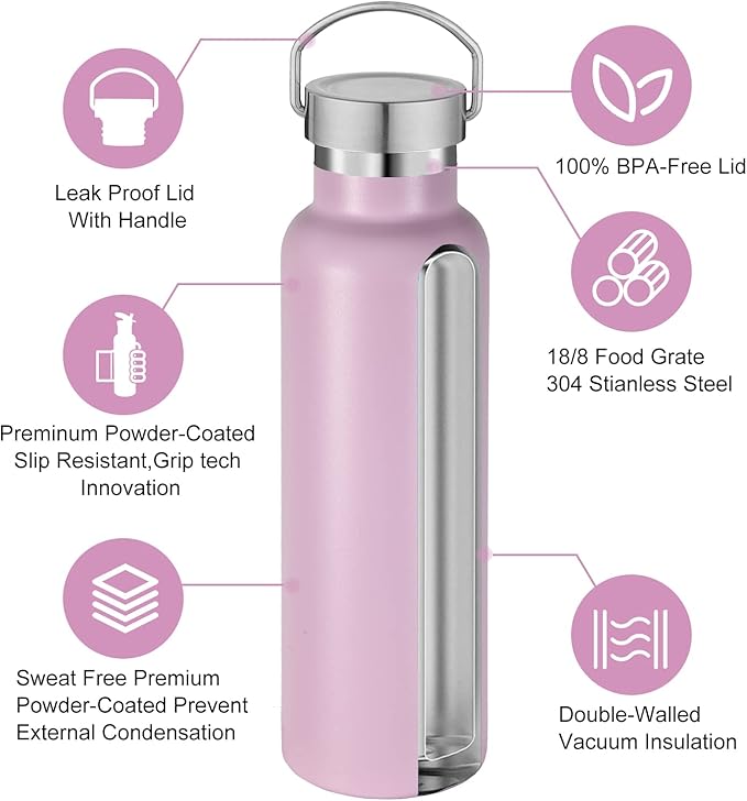 Neihepal 20 oz Insulated Water Bottles Bulk 8 Pack,Stainless Steel Double Wall Sport Bottle with Lid of Handle,Metal Reusable Flask with Cup Cap for School,Hikers,Gift (Pink,Set of 8)