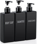 Segbeauty Plastic Square Soap Dispenser Black, 3pcs 16.9oz Refillable Shampoo and Conditioner Bottles, 500ml Empty Reusable Pump Bottle Bathroom Shower Dispenser Set for Body Wash Liquid Gel Lotion