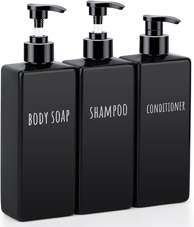 Segbeauty Plastic Square Soap Dispenser Black, 3pcs 16.9oz Refillable Shampoo and Conditioner Bottles, 500ml Empty Reusable Pump Bottle Bathroom Shower Dispenser Set for Body Wash Liquid Gel Lotion