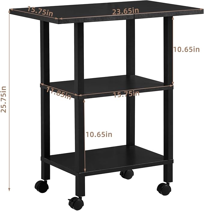 Lerliuo 3 Tier Printer Stand with Storage, Printer Table for Home Office, Wooden Rolling Printer Cart Shelf with Lockable Wheels fit Fax Machine, Scanner(Black)