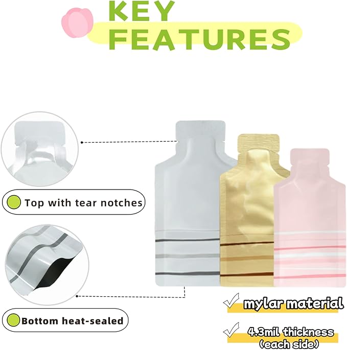 100 Pack 1.97x4.3 inch Heat Seal Sample Mylar Packets for Portable Travel Toiletries Empty Disposable Liquid Shampoo Pouch Single Serving Coffee Powder Condiments Food Storage (Gold)