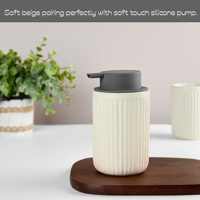 Beige Ceramic Foaming Soap Dispenser 2 Pack, Speckled Rippled 12 oz Bottle with Gray Silicone Pump, Foam Dispenser for Kitchen or Bathroom, Speckled Beige