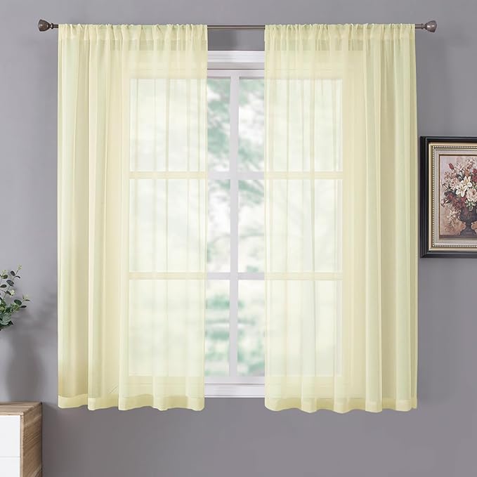 Tollpiz Short Sheer Curtain Linen Textured Living Room Curtains Sheer Light Filtering Rod Pocket Voile Curtain for Bedroom, 42 x 54 inches Long, Transparent Yellow, Set of 2 Panels