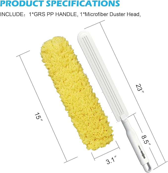 Microfiber Duster, Feather Duster, Dusters for Cleaning, Washable and Reusable Duster with Replaceable Head, Microfiber Hand Duster for Cleaning Cobweb, Blinds, Furniture, Cars-Yellow