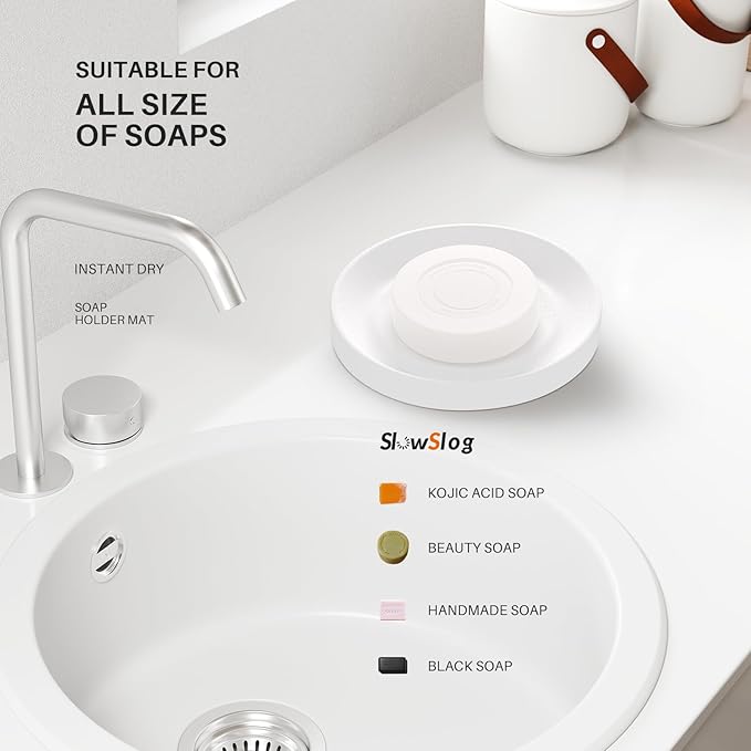 Diatomite Soap Dish Holder, Stone Bath Dish, Quick Dry Stone Bar Holder, Fast Drying Soap Saver, Diatomaceous Earth Tray for Hand Soap, Sponge Organizer, White