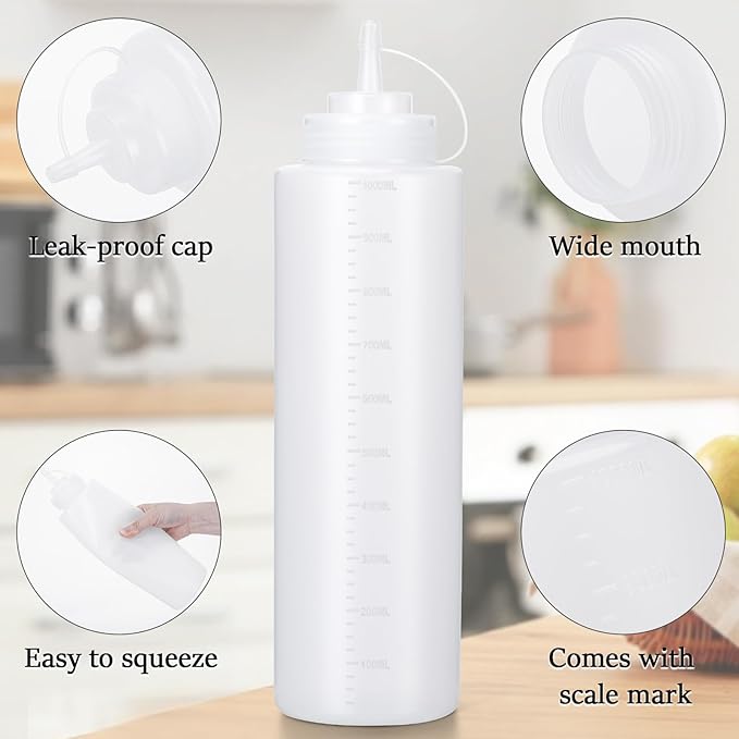 Condiment Squeeze Bottles Ketchup Dispenser, 6 Pack 32oz Squeeze Bottles for Liquids, Plastic Sauce Bottle with Cap Lid, Squirt Bottles for Sauces Liquids BBQ Dressing Pancake Art