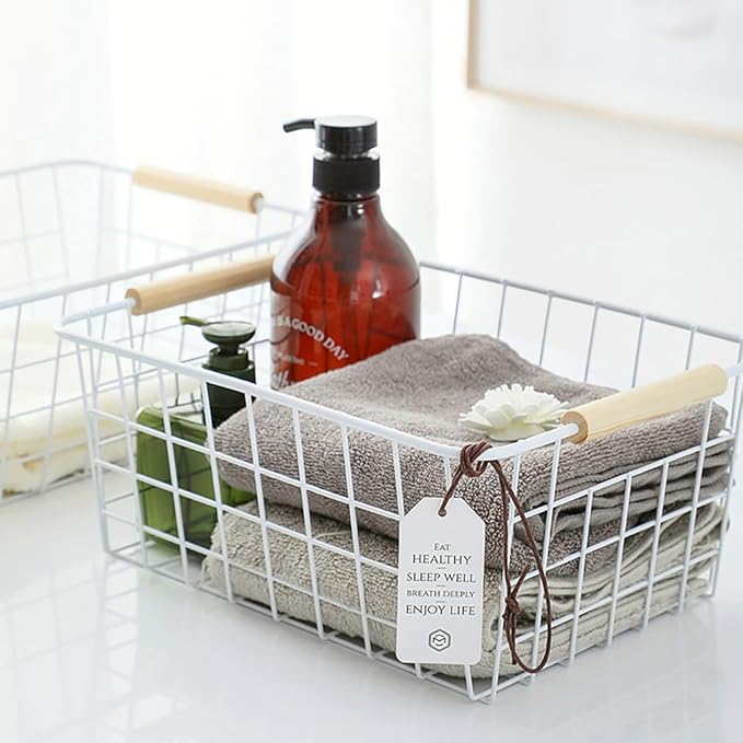 LeleCAT white wire baskets for organizing with Wooden Handles Storage Organizer Baskets, Household snack basket for Cabinets, Pantry, Closets, Bedrooms, pantry organizers and storage - Set of 2（White）