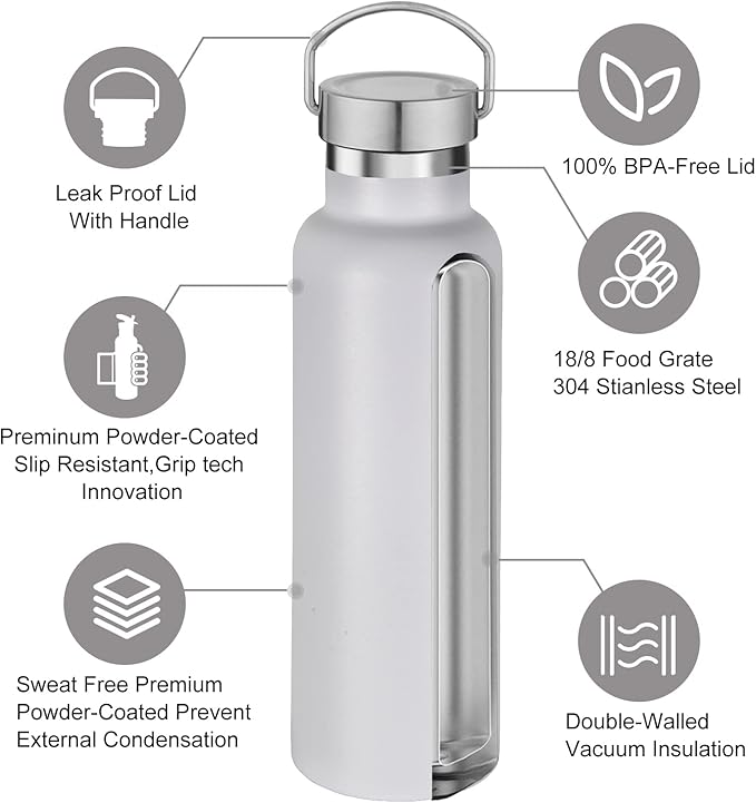 Neihepal 20 oz Insulated Water Bottles Bulk 8 Pack,Stainless Steel Double Wall Sport Bottle with Lid of Handle,Metal Reusable Flask with Cup Cap for School,Hikers,Gift (White,Set of 8)