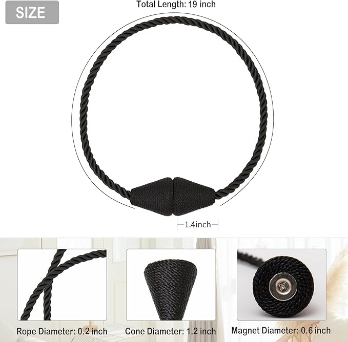 Magnetic Curtain Tiebacks 8 Pack Outdoor Rope Curtain Tie Backs Decorative Window Treatment Holdbacks for Home Decorative Curtain, Black