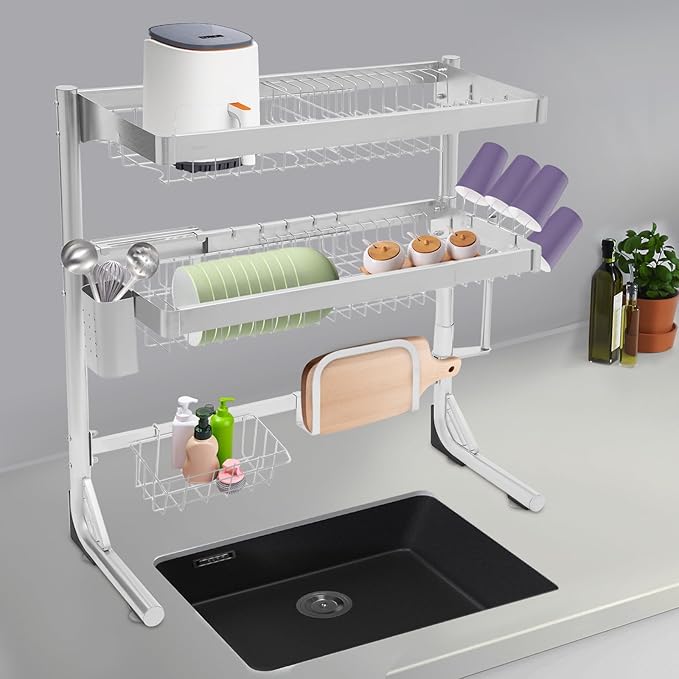 Over The Sink Dish Drying Rack, 2-Tier Stainless Steel Dish Drainer for Kitchen, Multifunctional Organizers, Chopstick Cage, Cup Holder, Cutting Board Holder, Knife Holder, 21''-33''Adjustable Length