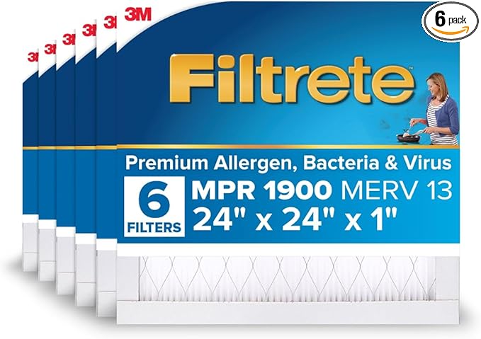 Filtrete 24x24x1 AC Furnace Air Filter, MERV 13, MPR 1900, Premium Allergen, Bacteria & Virus Filter, 3-Month Pleated 1-Inch Electrostatic Air Cleaning Filter, 6-Pack (Actual Size 23.81x23.81x0.78 in)