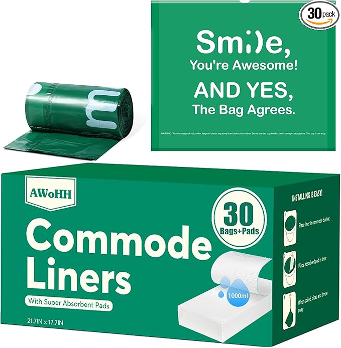 Commode Liners with Absorbent Pads, 30Pack Tear-Free Leak-Proof Bedside Commode Liners, Universal Disposable Commode/Bed Pan Liners for Bedside Commode, Standard Toilet, Chair Bucket(30Bags+30Pads)