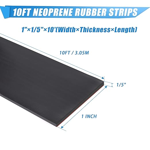 Neoprene Rubber Strips With Adhesive Backing - Self Stick Seal Gasket for Matting Padding - 1" Wide x 1/5" Thick x 10' Long
