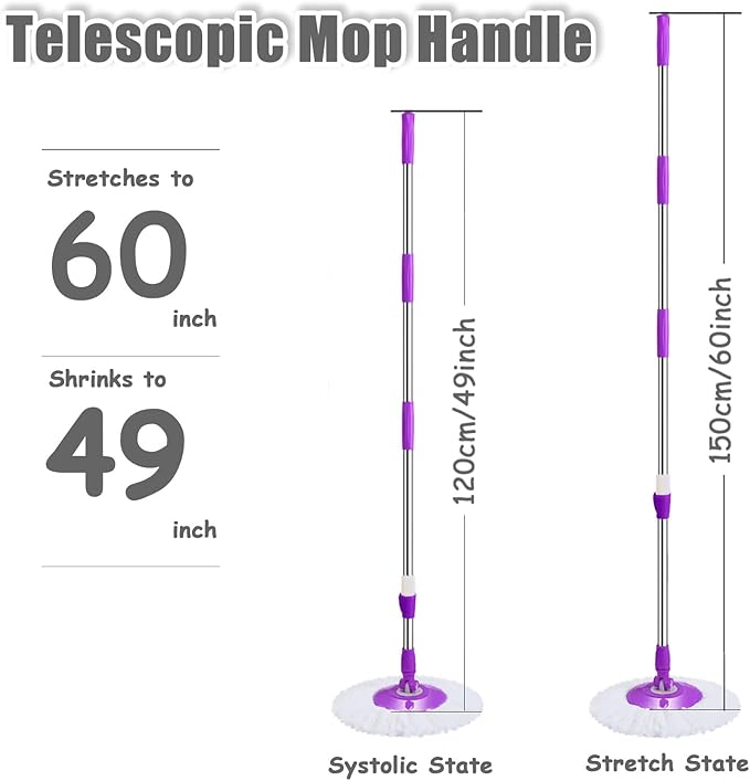 Extended Spin Mop Replacement Mop Handle, Upgraded 60-inch 360 Degrees Rotating Telescopic Replacement Mop Stick for Spin Mop Bucket Cleaning System Floor Cleaning (Plastic Disc, Red)