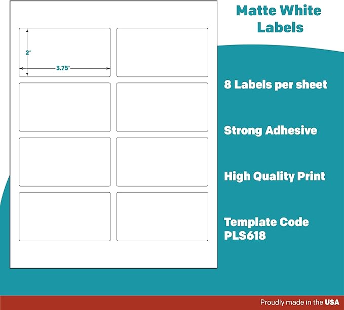 Premium Label Supply White Sticker Mailing Labels – 3.75" x 2" – Laser/Inkjet Compatible – (8 per Sheet), 25 Sheets – 200 Total Adhesive Labels