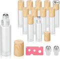 12 Pack Essential Oil Roller Bottles,10ml Empty Frosted Glass Roller Bottles with Stainless Steel Roller Balls and Caps Refillable Container for Perfume Roll on Bottles ( Wood Grain Plastic Caps)