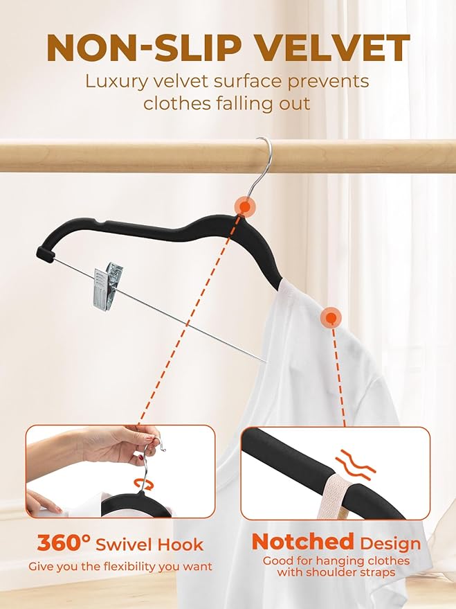 HOUSE DAY Black Velvet Skirt Hangers 48 Pack, Pant Hanger with Adjustable Clips, Space Saving Non Slip Clip Hangers for Pants, Skirts, Shorts