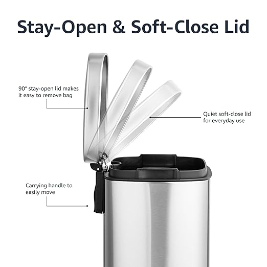 Amazon Basics Smudge Resistant Mini Rectangular Trash Can With Soft-Close Foot Pedal, Brushed Stainless Steel, for Bathroom & small space, 5 L /1.32 Gal, Satin Nickel Finish, 7.3x8.5 x11.8 in (LxWxH)