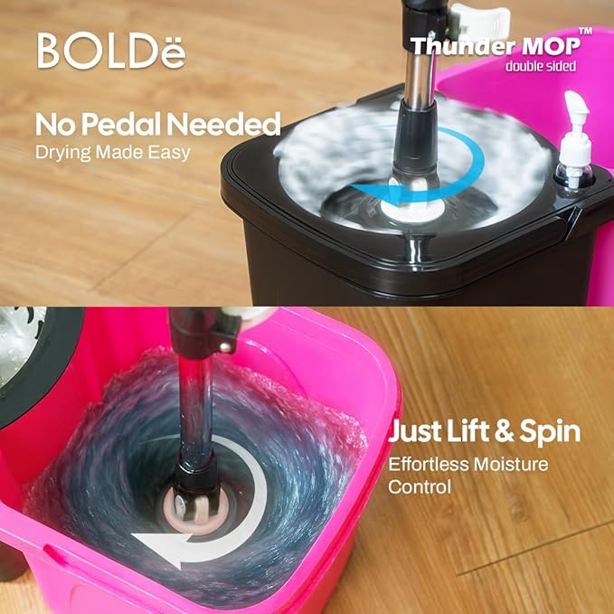 Thunder Mop Spin System - 2 Compact Stackable 6L Buckets, Microfiber Head, Stainless Steel Wringer, Antifungal Quick-Dry Cleaning, Soap Dispenser, 3 Free Refills (Black/Grey)