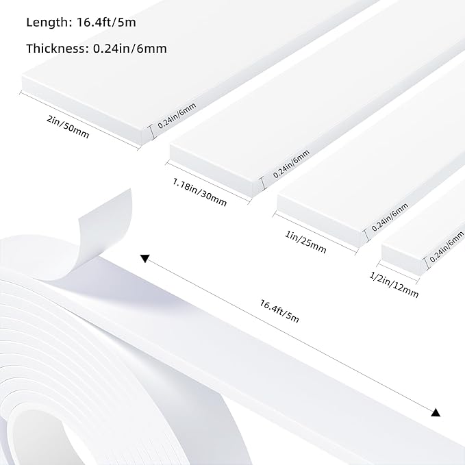 Weather Stripping Door Seal White,2Inch Wide X 1/4 Inch Thick,Air Conditioner Window Seal,Self Adhesive Foam Tape High Density Foam Sealing Strip,Soundproof Foam Tape Roll,Total 16.4 Feet Long