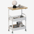 Rolling Cart with Wooden Tabletop 3-Tier Metal Utility Rolling Cart Storage Organizer with Lockable Wheels for Kitchen, Office, Bedroom