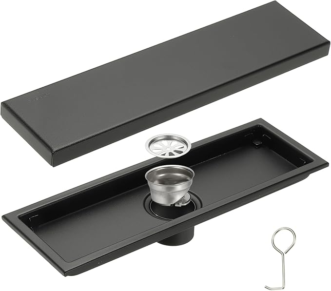 uxcell Rectangular Shower Drain, Brushed 304 Stainless Steel Odor-Proof Floor Drain Linear Shower Drain Hair Catcher for Bathroom Kitchen and Laundry Room(12 Inch, Black)
