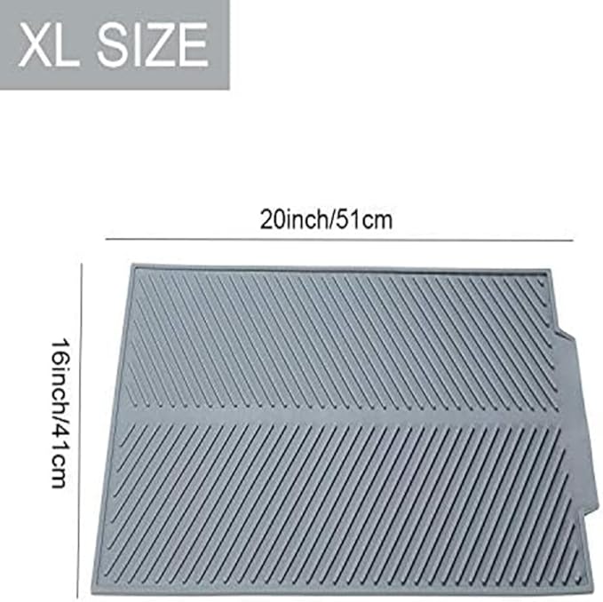 Silicone Dish Draining Mat, Eco Friendly Dish Drying Mat Kitchen Counter Anti-Skid and Heat Insulation Pad, Sink Drainer Mat with Dense Drainage Grooves (L (20"×16"))