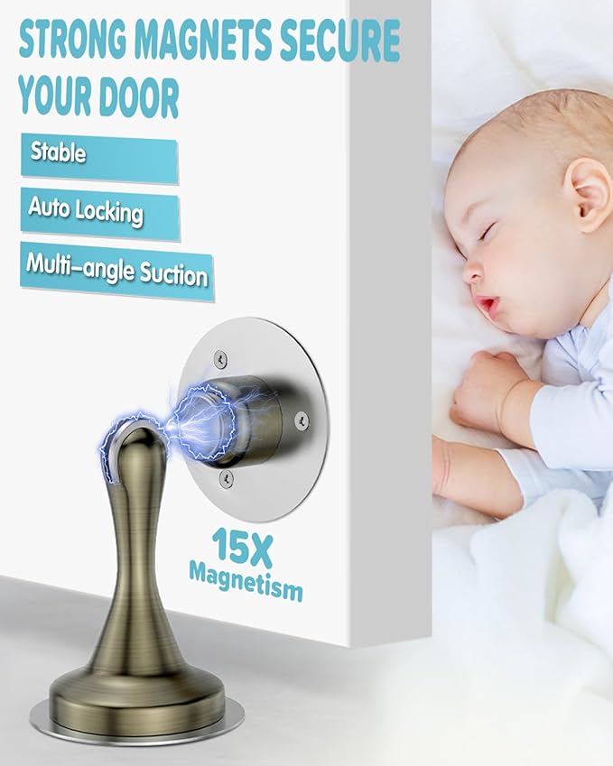 Door Stoppers Magnetic Door Catch - 4 Pack Stainless Steel Heavy Duty Door Stops for Bottom of Door, Wall & Floor Mounting No-Drill Strong Adhesive & Screws, Strong Door Holder to Keep Door Open