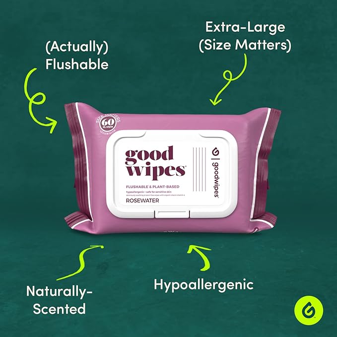 Goodwipes Flushable Wipes – Made with Vitamin E & Aloe – Soft, Individually Wrapped Butt & Feminine Cloths for On-the-Go & Travel Use – Largest Adult Toilet Towelettes – Rosewater, 1 pack, 32 count