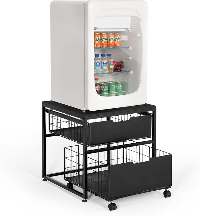 Mini Fridge Stand with Storage Drawer, 21.7”x21.7” Heavy Duty Mini Fridge Table with Wheels, Rolling Beverage Cart with Basket for Home, Office, Bedroom