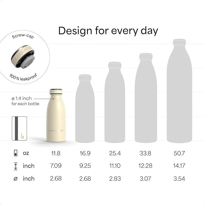 LARS NYSØM Stainless Steel Insulated Water Bottle 12oz 17oz 25oz 34oz 51oz | Insulated Thermo Flask for Hot and Cold Beverages | Leakproof Drinking Bottle (Carbon Black, 11.9oz)