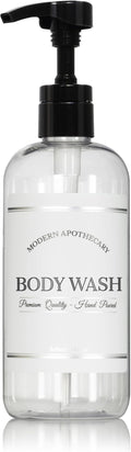 Refillable Clear PET Plastic 16 oz Body Wash Bottle with High Output Black Plastic Pump Dispenser - Chrome Accent Waterproof Labeled Bottle