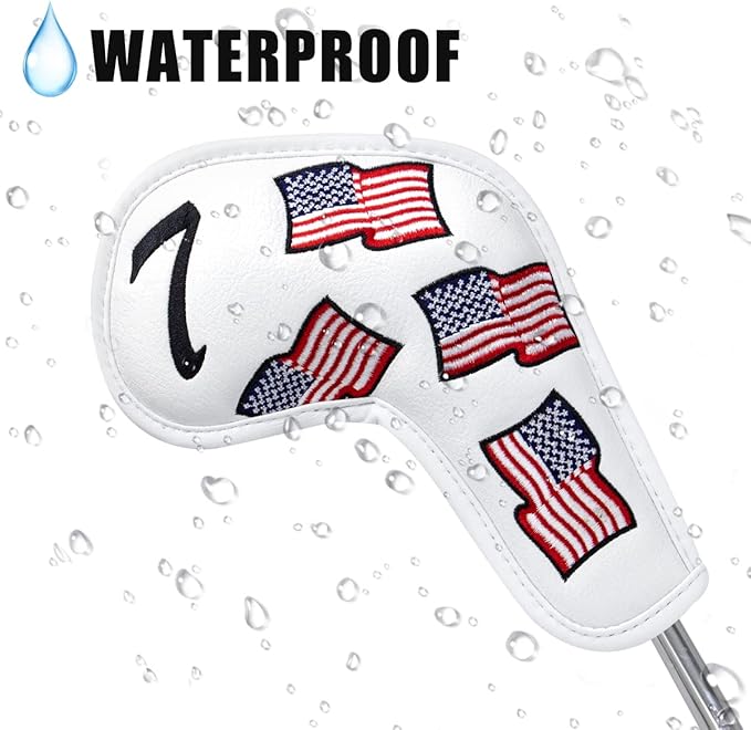 US Flag Golf Iron Covers Headcovers - 10pcs Patriotism Golf Club Covers for Irons - White Synthetic Leather Golf Iron Wedge Head Covers fits for PXG, Taylormade, Mizuno JPX MP, Etc.