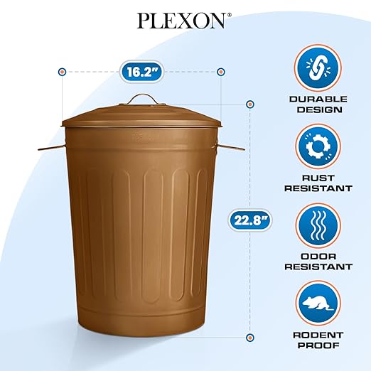 Plexon Round Trash Can 13 Gallon, Vintage Metal Outdoor Trash Can with Lid, Retro Farmhouse Garbage Container, Old School Modern Ash Bucket, Copper