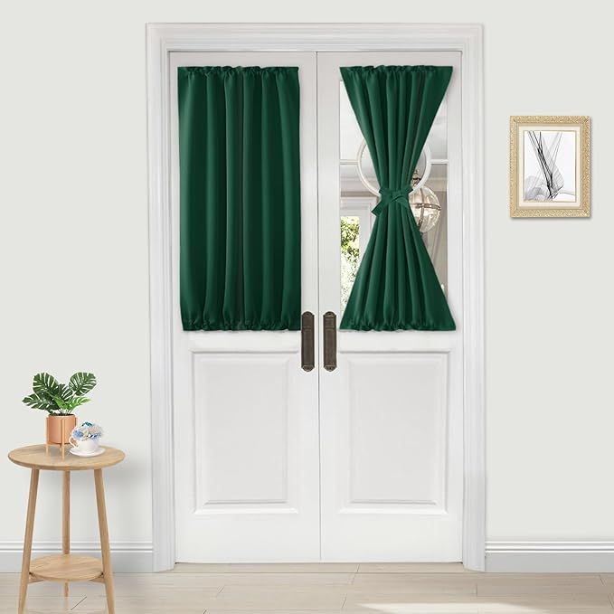 DWCN French Door Curtains – Rod Pocket Thermal Blackout Curtain for Window/Patio Doors/Doorways/Classroom/Kitchen for Privacy, 25W by 40L Inches, 1 Panel with Tieback, Hunter Green