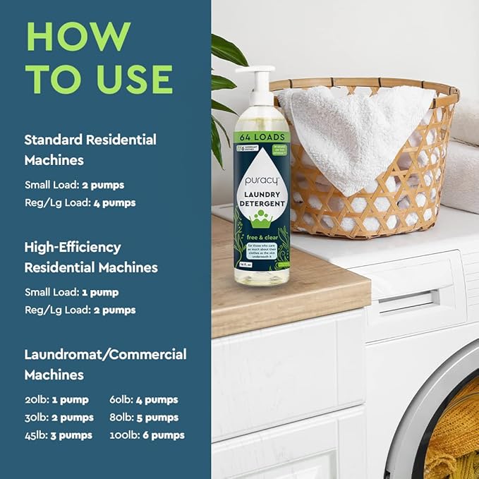 Puracy Laundry Detergent - Enzyme-Powered Liquid Laundry Detergent Concentrate, Natural Laundry Detergent Seen on TikTok, Non-Toxic (Free & Clear, 16 fl oz, 64 Loads)