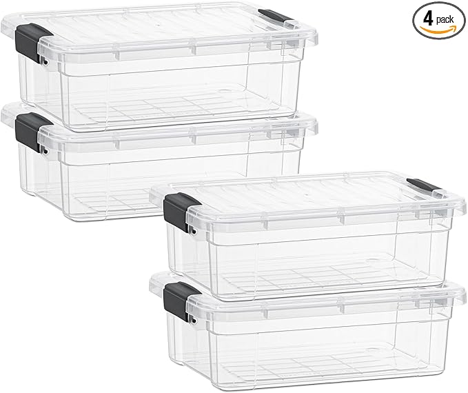 Superio Clear Storage Boxes with Lids, 1.27 Quart Plastic Container Bins for Organizing, Stackable Crates, BPA Free, Non Toxic, Odor Free, Organizers for Home, Office and Dorm, 4 Pack