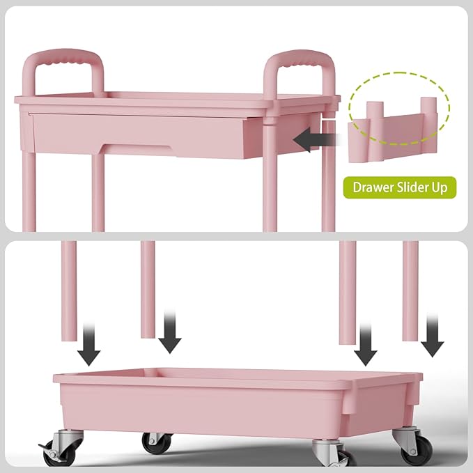 4 Tier Rolling Cart Organizer,Art Craft Diaper Bedside Snack Laundry Room Bathroom Organizer Narrow Thin Slim Rolling Trolley Utility Cart with Wheels for Kitchen,Office(Pink)