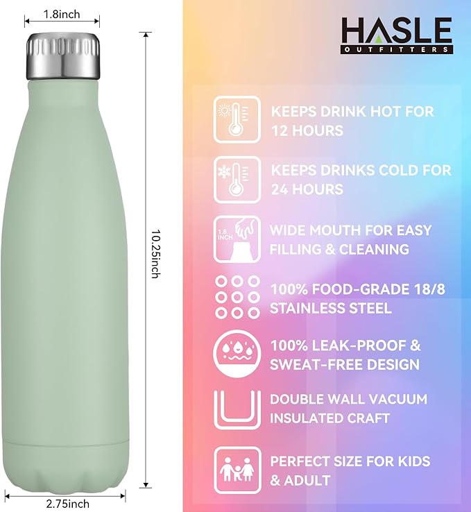 HASLE OUTFITTERS 17oz Stainless Steel Water Bottles Bulk, Vacuum Insulated Water Bottles Double Walled Powder Coated Reusable Metal Sports Water Bottles Keep Drinks Hot and Cold, Light Green, 4Packs