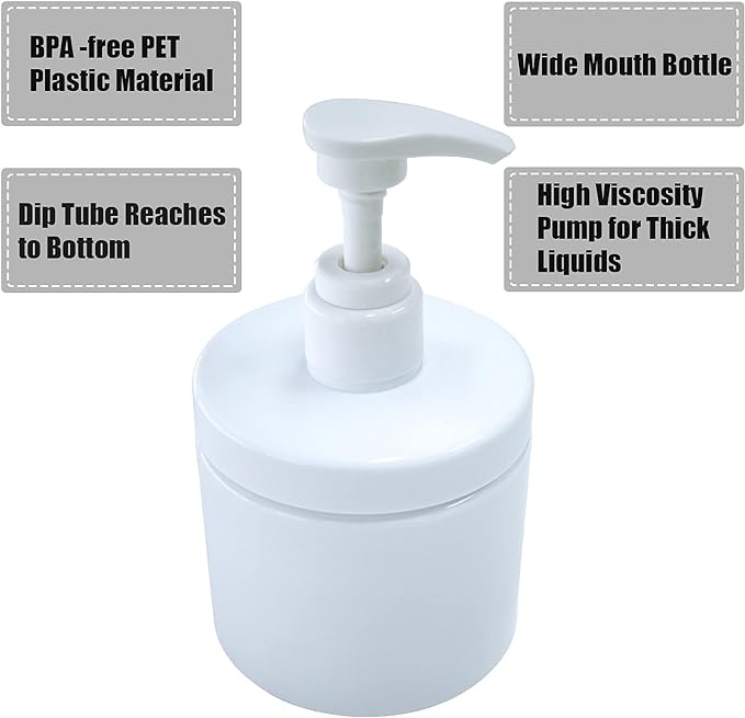 Cosywell Pump Bottle Dispenser Plastic Pump Bottles Refillable Bottles Wide Mouth Jar Style Empty Pump Bottles Bathroom Shower Containers for Lotion Shampoo Conditioner (White, 2X 500ml)